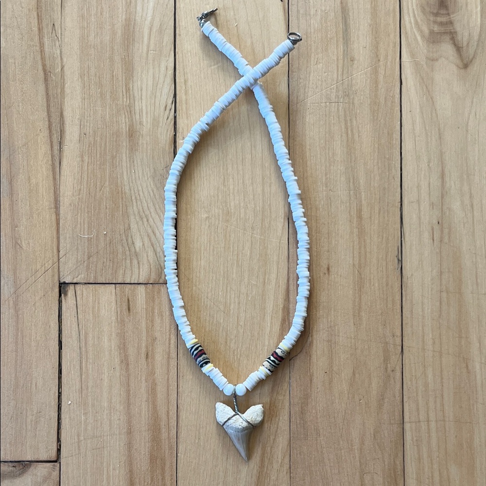 White Beaded Necklace with Real Shark Tooth Pendant